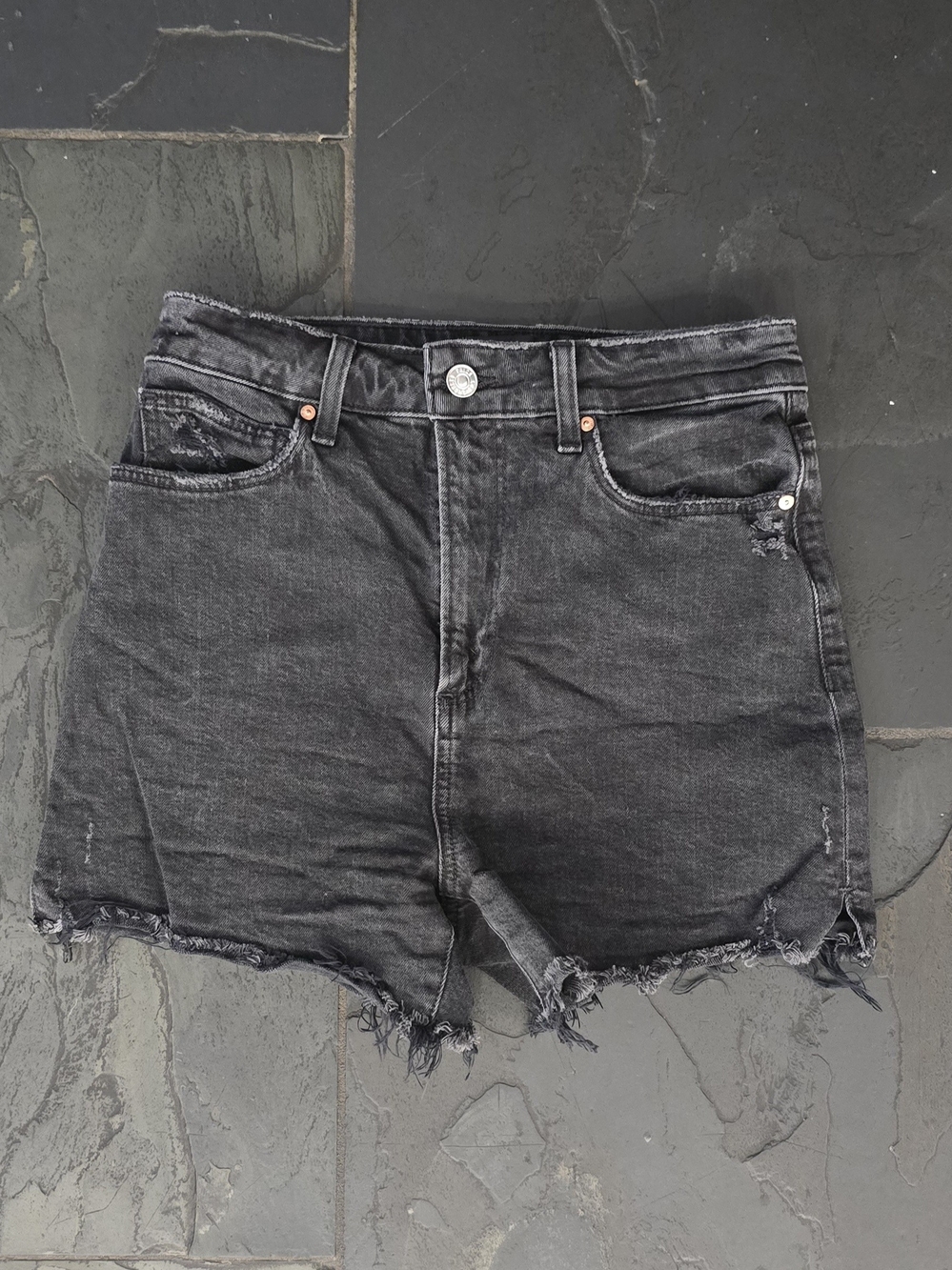 PAIGE Black Distressed High-Rise Denim Shorts